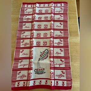 Vintage Tea Towel with Red and White Coffee Design Linen 25 x 15. Charming!